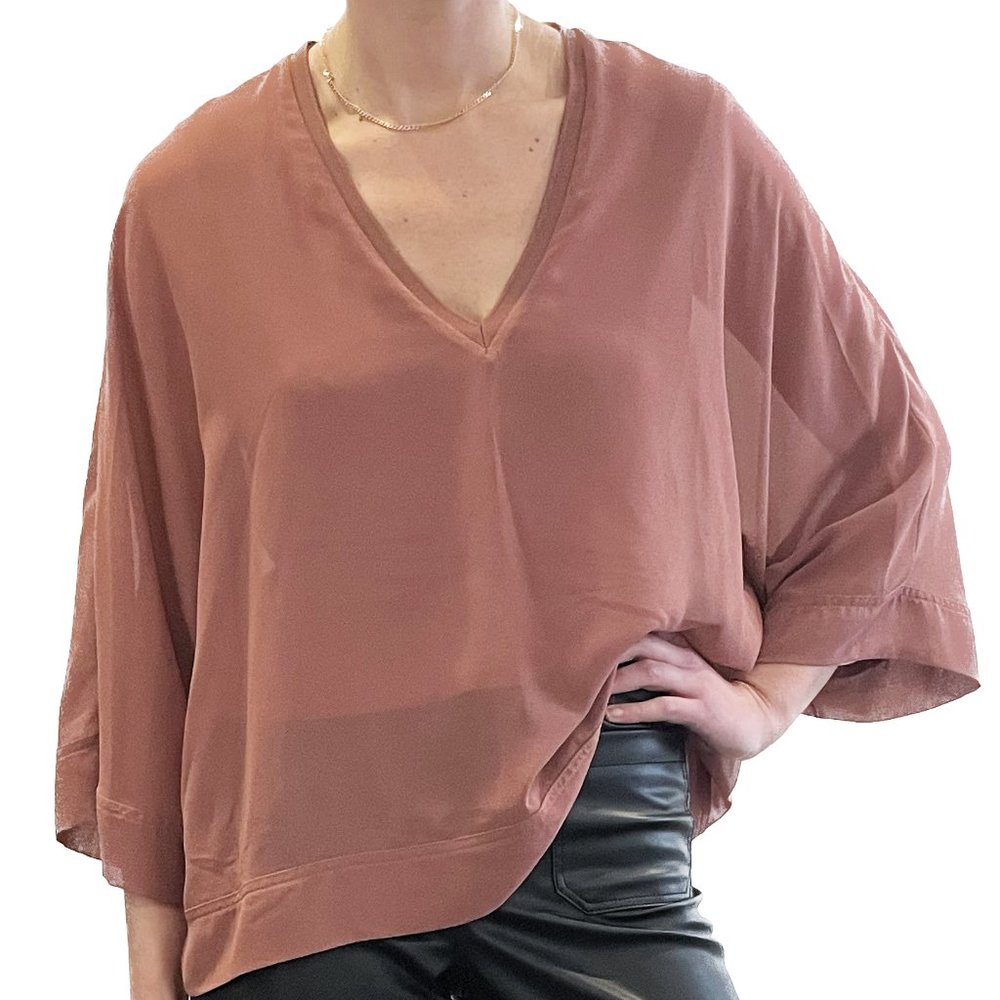 Zara Mauve Sheer Lined 3/4 Sleeve Flowy Blouse Pink Dusty Rose size S